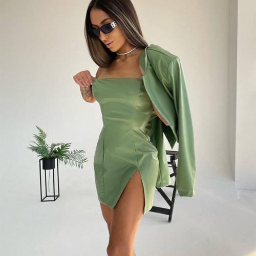 Sexy Leather Bodycon Dress Women's Strapless Solid Color Skinny Dress Fashion Split Mini Tube Dress With Top