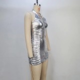 Silver Pleated Sexy Halter Neck Zipper Slim Fit Bodycon Dress