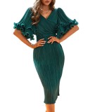 Green Elegant Long Party Dress with Flare Sleeves