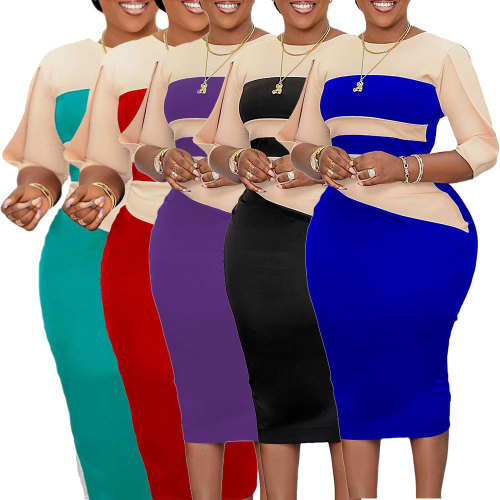 Women's Solid Color Three-quarter Sleeve Slit Hem Midi Dresses