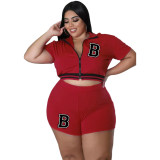Hot Sale Letter Offset Printing Ribbed Cardigan Zipper Sports Two Piece Plus Size Outfits Set