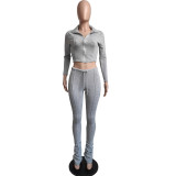 Casual Grey Thick Zipper High Neck Stacked Sweatpants Two Piece Winter set
