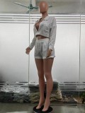 Pocketed Long-Sleeve Monochrome Top and White Shorts Set