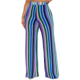 Colorful Striped Knitted Hollow-out Flower Fashionable Zipper Wide-leg Pants