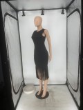 Solid Color Sleeveless Midi Dresses with Tassel