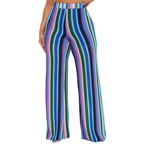 Colorful Striped Knitted Hollow-out Flower Fashionable Zipper Wide-leg Pants