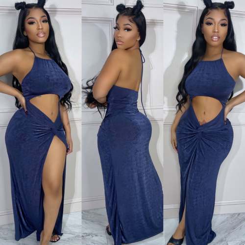 Casual Flannelette Halter Backless Slit Sexy Long Dresses