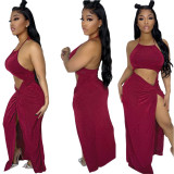 Casual Flannelette Halter Backless Slit Sexy Long Dresses