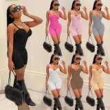2022 Summer Women's Coffee Sexy Low-cut Straps High-waist One Piece Shorts Rompers