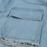 Not Elastic Distressed Denim with Frayed Hem and Patchwork Straight Jeans