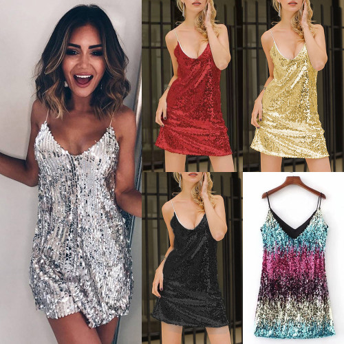 Women's Sexy Sparkly Glitter Sequin Dress Spaghetti Straps Bodycon Sleeveless Deep V-Neck Club Party Mini Dress
