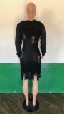 Sexy Long Sleeve Ripped Knit Hooded Sexy Slim Dress