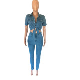 Sexy Turndown Neck Short Sleeve Hollow Out Denim Jumpsuit
