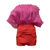 Solid Color Faux Yarn Tops Woven Shorts Set