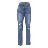 Women Denim Pant Ripped Diagonal Zip Jeans