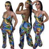 Casual Geometric Print Women's Straps Jumpsuit with Headscarf