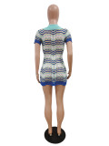 Casual Polo Lapel Knitted Short Sleeve Color Matching Bodycon Dresses