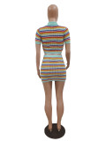 Fashion Lapel Short Sleeve Stripe Colorblock Sexy Knit Women's Skirt Set