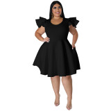 Plus Size Women's Solid Color Ruffle Sleeve Midi Dresses with Pockets