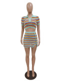 Fashion Lapel Short Sleeve Stripe Colorblock Sexy Knit Women's Skirt Set