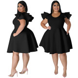 Plus Size Women's Solid Color Ruffle Sleeve Midi Dresses with Pockets