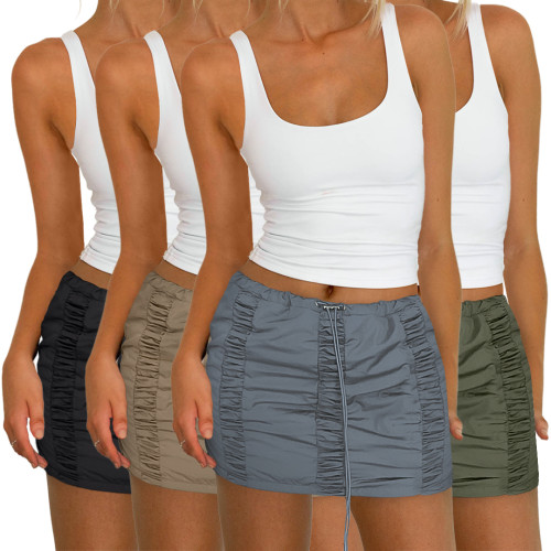 Spring Solid Color Casual Pleated Buckle Mini Skirts