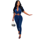 Sexy Turndown Neck Short Sleeve Hollow Out Denim Jumpsuit