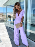V-neck Chiffon Casual Short Sleeve Loose Vacation Wide Leg Jumpsuit