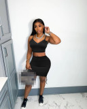 Solid Color High Elastic Pit Straps V-neck Drawstring Skirt Set