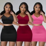 Solid Color High Elastic Pit Straps V-neck Drawstring Skirt Set
