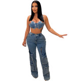 Casual Jeans Washed Zipper Denim Trousers