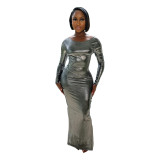 Solid Imitation Leather Bronzing Backless Pleated Long Sleeve Maxi Dress