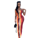 Trendy Color Contrast Straps Print Long Dresses
