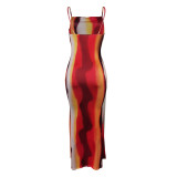 Trendy Color Contrast Straps Print Long Dresses