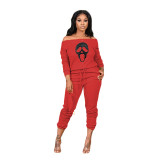 Casual Pit Off Shoulder Printed Skull Two Piece Pant Set