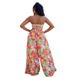 Sexy Strapless Wrapped Printed Wide Leg Pleated Jumpsuit