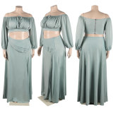 Sexy Off Shoulder Lantern Sleeves Wrapped Tops Long Skirts Two Pieces