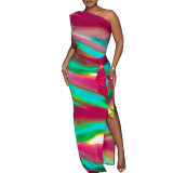 Casual Printed Single Shoulder Hollow Slit Lace Long Dress
