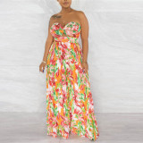 Sexy Strapless Wrapped Printed Wide Leg Pleated Jumpsuit