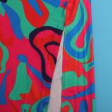 Sexy Printed Lantern Sleeve Slit Long Dress Two-Piece Long Skirt Set