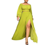 Solid Color Off Shoulder Lantern Sleeve 2 Piece Skirt Sets African Dresses
