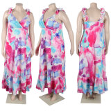 Plus Size Oversized Printed Slit Sleeveless Long Dresses