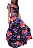 Women's Printed Navel Bodycon Suit Casual Boho Party Two Piece Set Summer Sexy Boat Neck Sleeveless Top and Long Skirt Beachwear