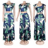 Women's Printed Navel Bodycon Suit Casual Boho Party Two Piece Set Summer Sexy Boat Neck Sleeveless Top and Long Skirt Beachwear