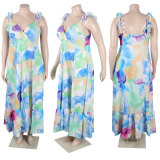 Plus Size Oversized Printed Slit Sleeveless Long Dresses