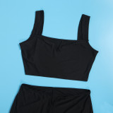 Casual Daily Vacation Plain Solid Color Square Collar Sleeveless Crop Tops Tracksuit Two Pieces