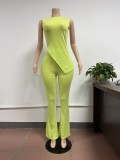 Solid Color Autumn Women's Sleeveless Irregular Top Slit Flared Pants Two Pieces
