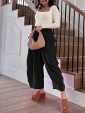 Womens Cropped Trousers Elastic Waist Wide Leg Casual Pants with Pockets