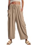 Womens Cropped Trousers Elastic Waist Wide Leg Casual Pants with Pockets