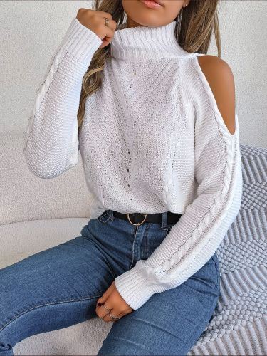 Casual Cold Shoulder Turtleneck Hollow-out Long Sleeved Knitted Pullover Sweater